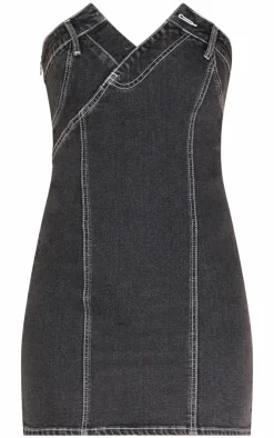 Waistband Detail Crossover Panel Denim Mini Dress-PrettyLittleThing Outlet