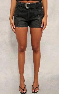 Western Belt Studded Denim Mini Shorts-PrettyLittleThing
