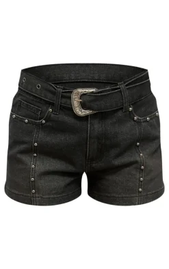 Western Belt Studded Denim Mini Shorts-PrettyLittleThing