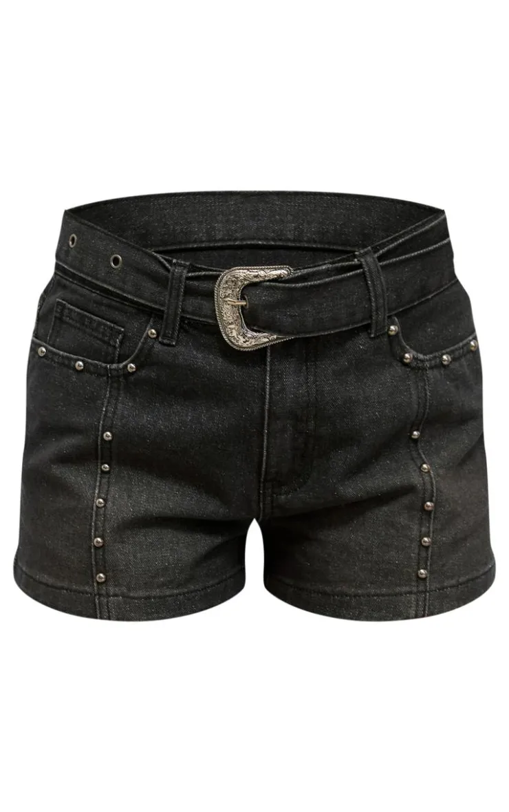 Western Belt Studded Denim Mini Shorts-PrettyLittleThing