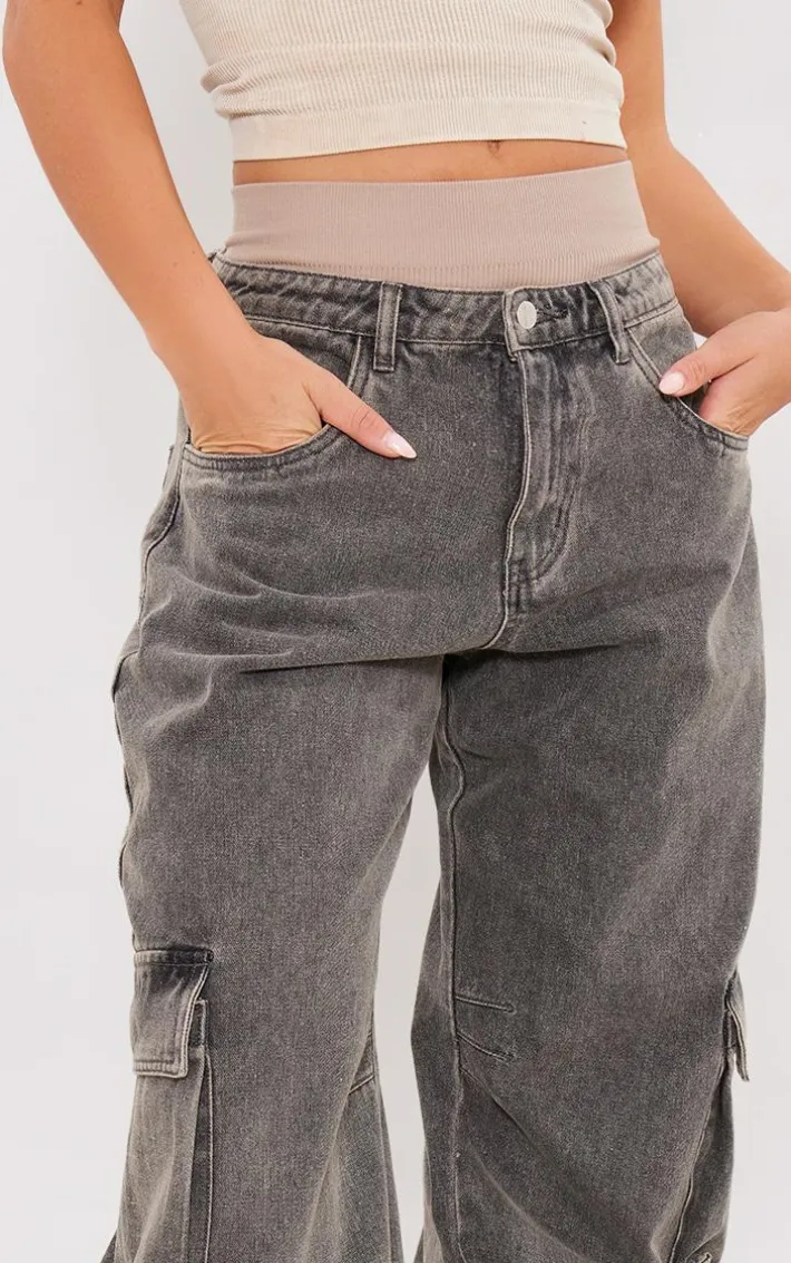 Washed Black Wide Leg Boyfriend Fit Cargos