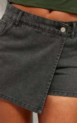 Washed Black Wrap Front Denim Mini Skort