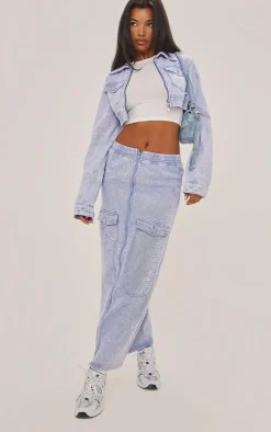 Online PrettyLittleThing Cargo Pocket Zip Front Midi Denim Skirt Washed Blue