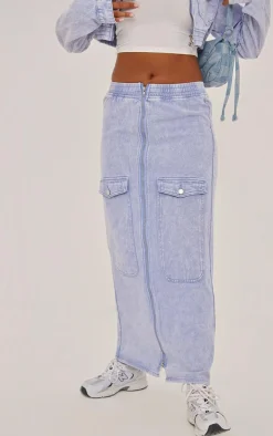 Online PrettyLittleThing Cargo Pocket Zip Front Midi Denim Skirt Washed Blue