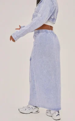 Online PrettyLittleThing Cargo Pocket Zip Front Midi Denim Skirt Washed Blue