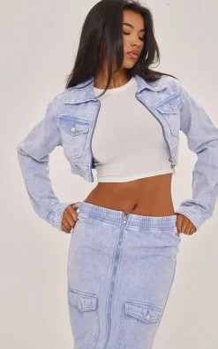 Online PrettyLittleThing Cargo Pocket Zip Front Midi Denim Skirt Washed Blue