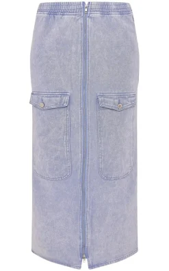 Online PrettyLittleThing Cargo Pocket Zip Front Midi Denim Skirt Washed Blue