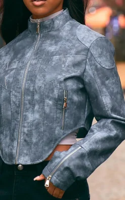 PrettyLittleThing Faux Leather Jackets*Distressed Faux Leather Star Embroidery Biker Jacket
