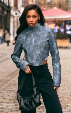 PrettyLittleThing Faux Leather Jackets*Distressed Faux Leather Star Embroidery Biker Jacket