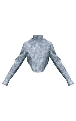 PrettyLittleThing Faux Leather Jackets*Distressed Faux Leather Star Embroidery Biker Jacket