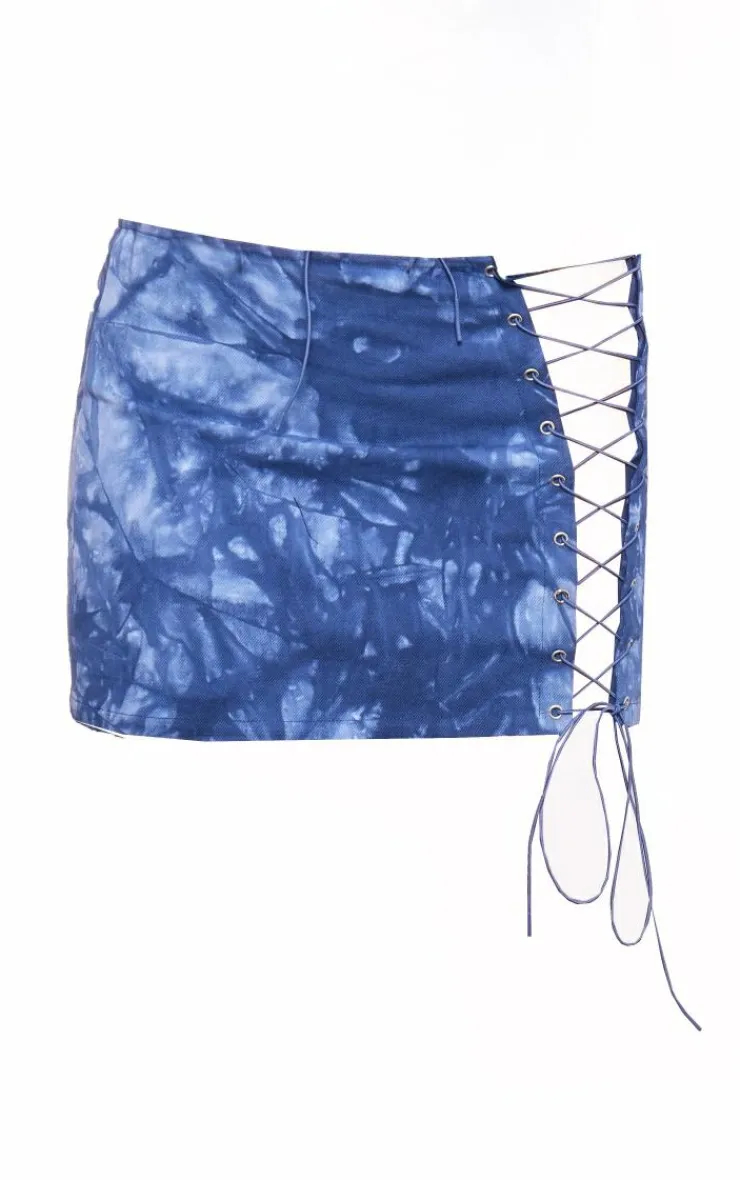 Discount PrettyLittleThing Lace Up Mini Skirt Washed Blue