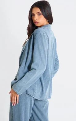 Washed Blue Pinstripe Lightweight Denim Oversized Blazer
