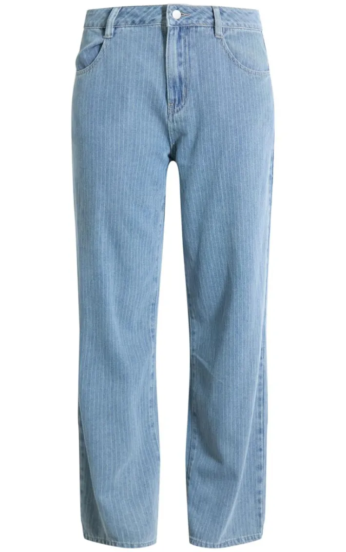 Washed Blue Pinstripe Lightweight Denim Boyfriend Straight Leg Jeans