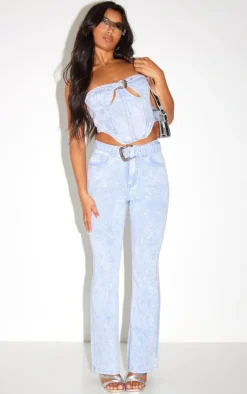 Sale PrettyLittleThing Western Belt Flared Jeans Washed Blue