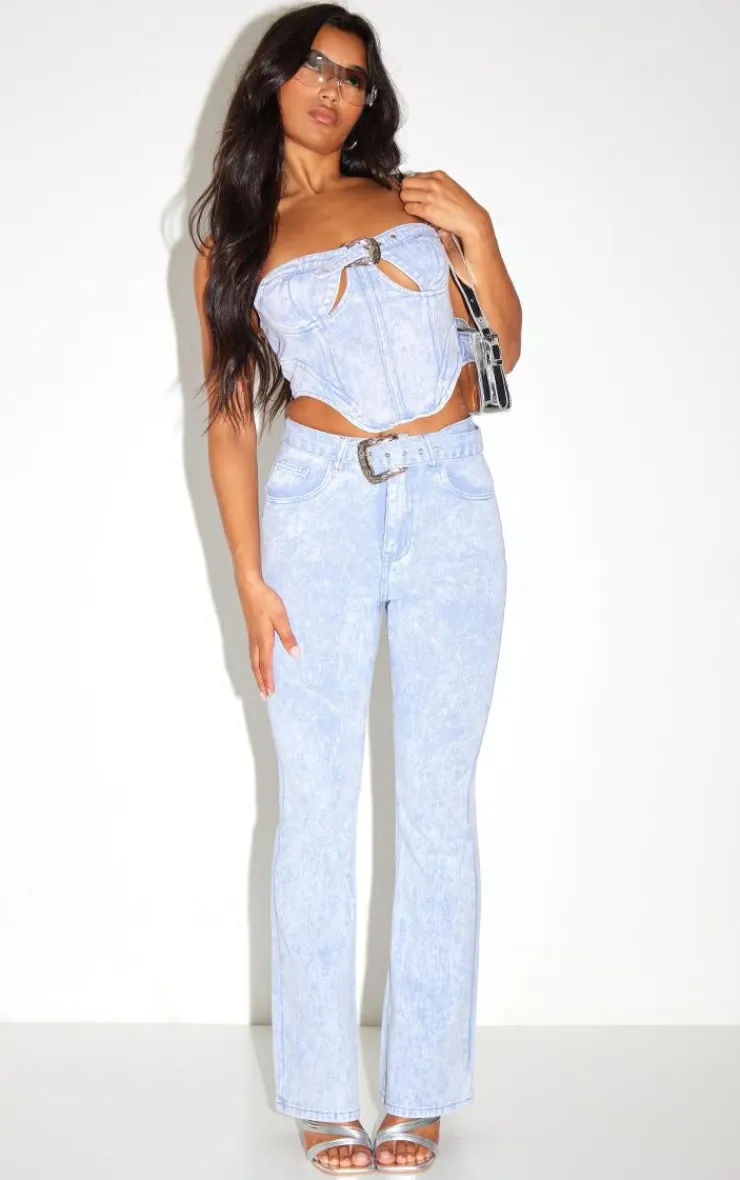 Sale PrettyLittleThing Western Belt Flared Jeans Washed Blue