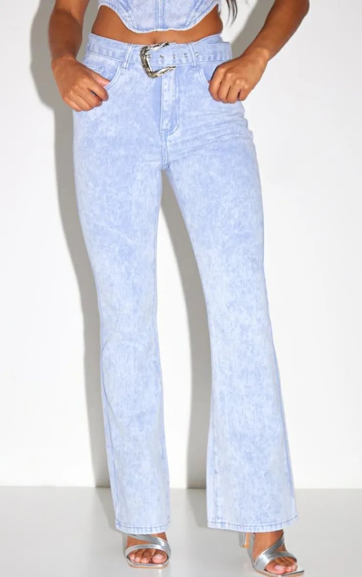 Sale PrettyLittleThing Western Belt Flared Jeans Washed Blue