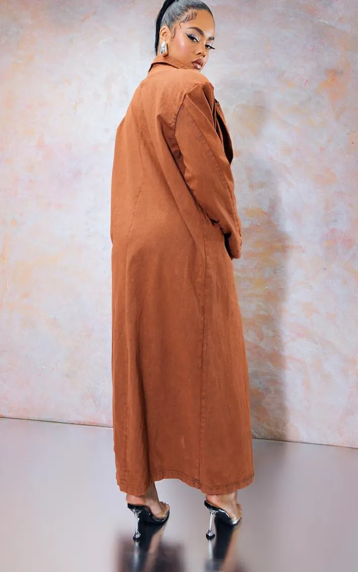 Washed Brown Denim Maxi Coat