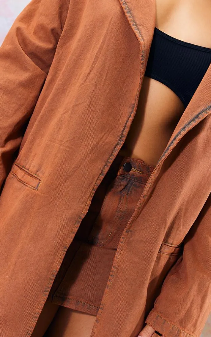 Washed Brown Denim Maxi Coat