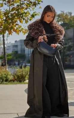 PrettyLittleThing Trench Coats*Detachable Leopard Faux Fur Trim PU Trench Coat