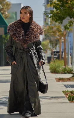 PrettyLittleThing Trench Coats*Detachable Leopard Faux Fur Trim PU Trench Coat