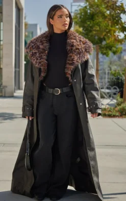 PrettyLittleThing Trench Coats*Detachable Leopard Faux Fur Trim PU Trench Coat
