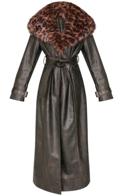 PrettyLittleThing Trench Coats*Detachable Leopard Faux Fur Trim PU Trench Coat