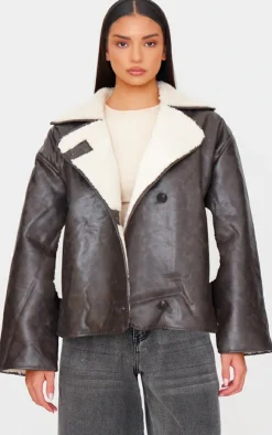 PrettyLittleThing Aviator Jackets*Distressed Faux Leather Borg Contrast Aviator Jacket