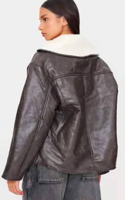PrettyLittleThing Aviator Jackets*Distressed Faux Leather Borg Contrast Aviator Jacket