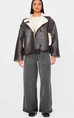 PrettyLittleThing Aviator Jackets*Distressed Faux Leather Borg Contrast Aviator Jacket