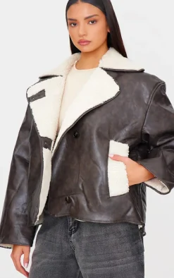 PrettyLittleThing Aviator Jackets*Distressed Faux Leather Borg Contrast Aviator Jacket