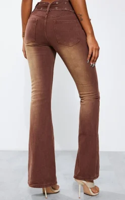 Washed Brown Eyelet Detail Belted Flared Jeans