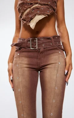 Washed Brown Eyelet Detail Belted Flared Jeans