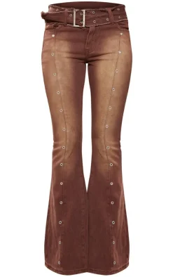 Washed Brown Eyelet Detail Belted Flared Jeans