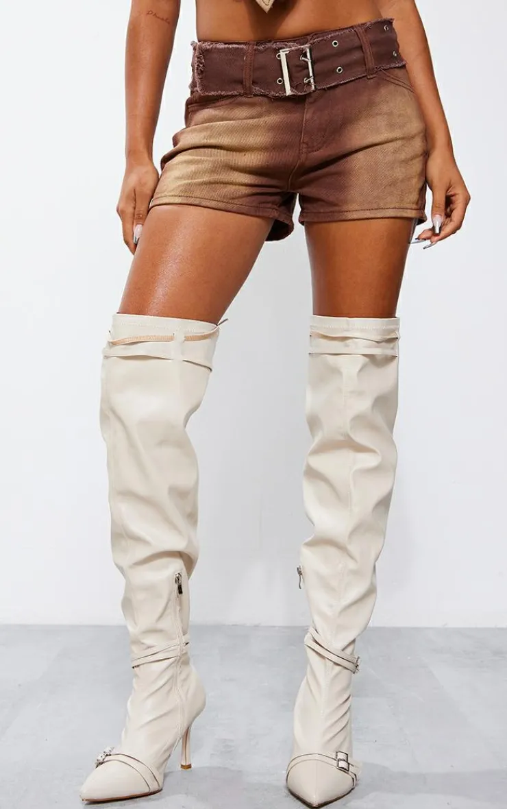 Sale PrettyLittleThing Eyelet Detail Belted Denim Shorts Washed Brown