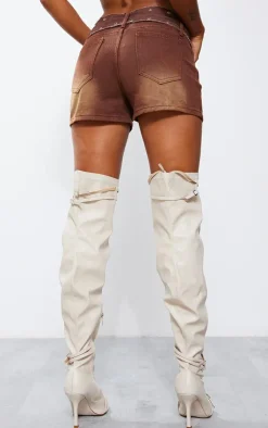 Sale PrettyLittleThing Eyelet Detail Belted Denim Shorts Washed Brown