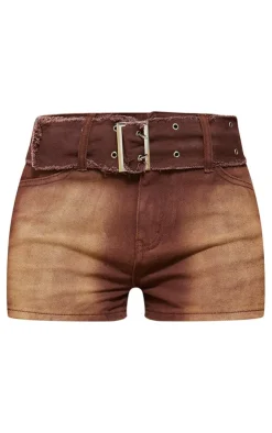 Sale PrettyLittleThing Eyelet Detail Belted Denim Shorts Washed Brown