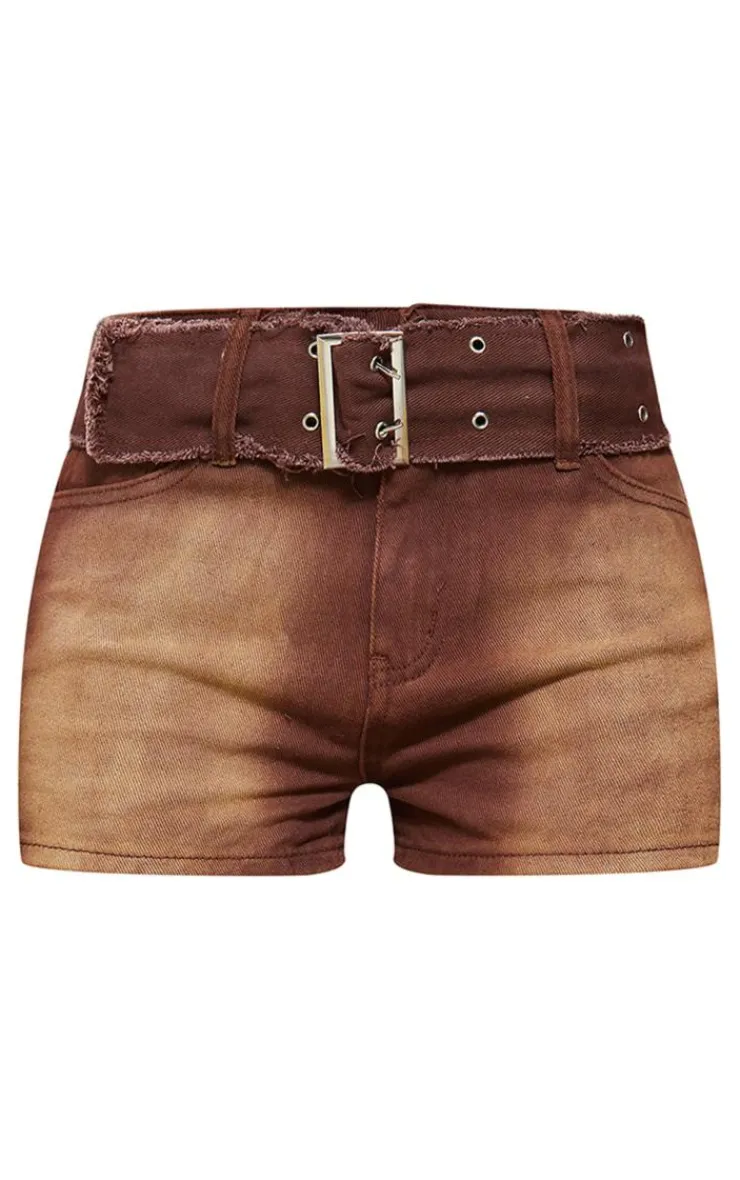 Sale PrettyLittleThing Eyelet Detail Belted Denim Shorts Washed Brown