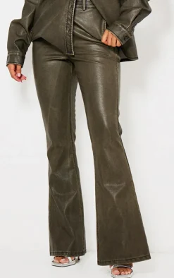 Clearance PrettyLittleThing Washed Brown Faux Leather Flared Pants Dark Brown