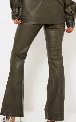 Clearance PrettyLittleThing Washed Brown Faux Leather Flared Pants Dark Brown