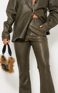 Clearance PrettyLittleThing Washed Brown Faux Leather Flared Pants Dark Brown