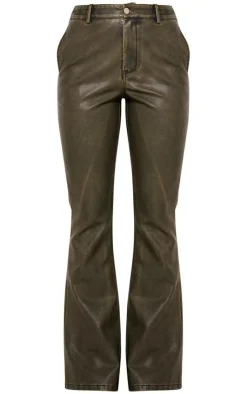 Clearance PrettyLittleThing Washed Brown Faux Leather Flared Pants Dark Brown