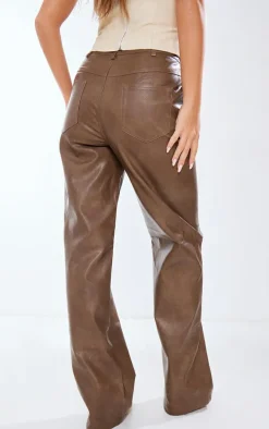 Washed Brown Faux Leather Straight Leg Pant