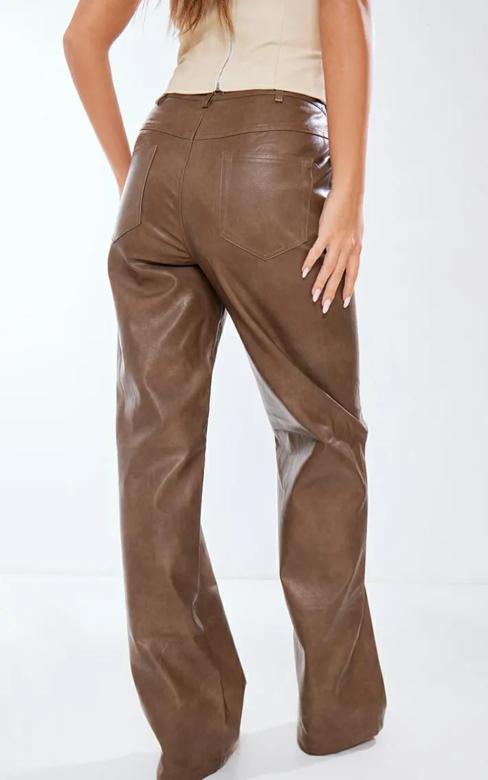 Washed Brown Faux Leather Straight Leg Pant