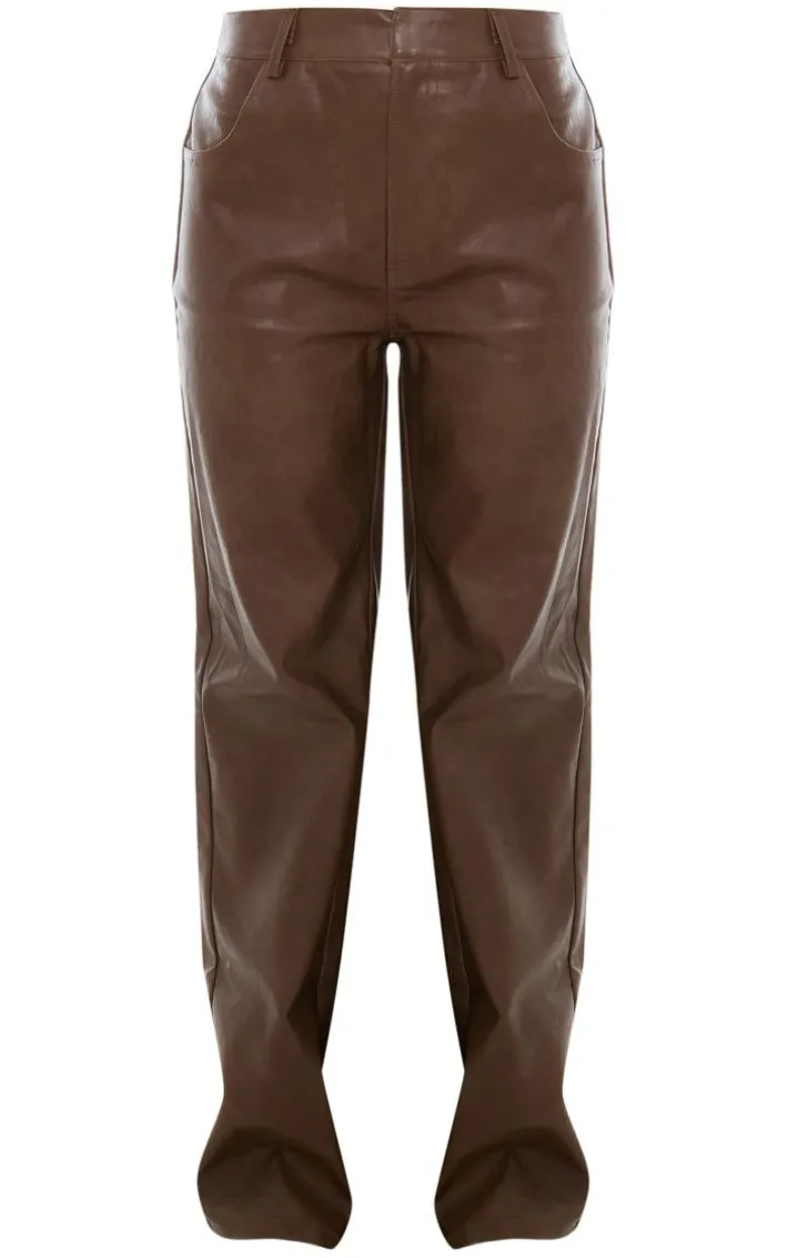 Washed Brown Faux Leather Straight Leg Pant