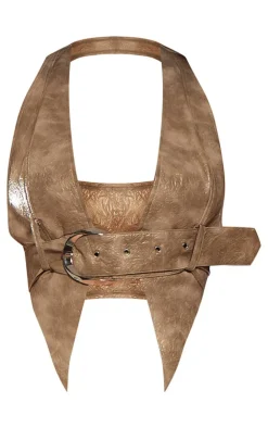 Sale PrettyLittleThing Faux Leather Halterneck Belted Crop Top Washed Brown