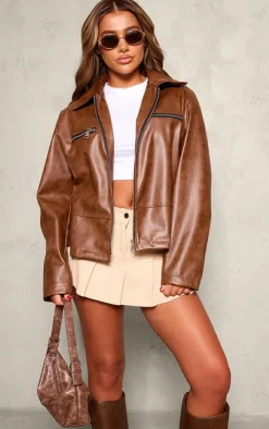 PrettyLittleThing Faux Leather Jackets*Faux Leather Zip Detail Longline Jacket