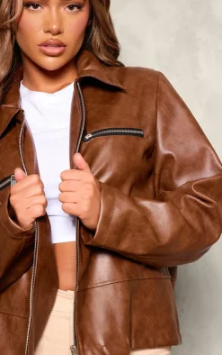 PrettyLittleThing Faux Leather Jackets*Faux Leather Zip Detail Longline Jacket