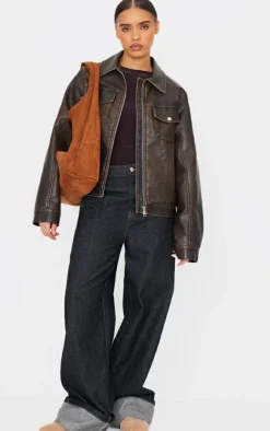 PrettyLittleThing Faux Leather Jackets*Faux Leather Brushed Seams Biker Jacket
