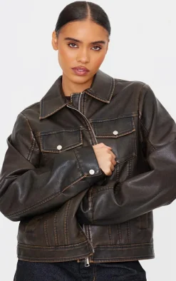 PrettyLittleThing Faux Leather Jackets*Faux Leather Brushed Seams Biker Jacket