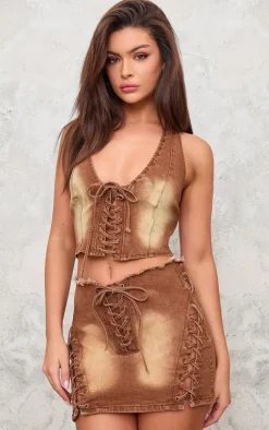PrettyLittleThing Lace Up Denim Mini Skirt Washed Brown